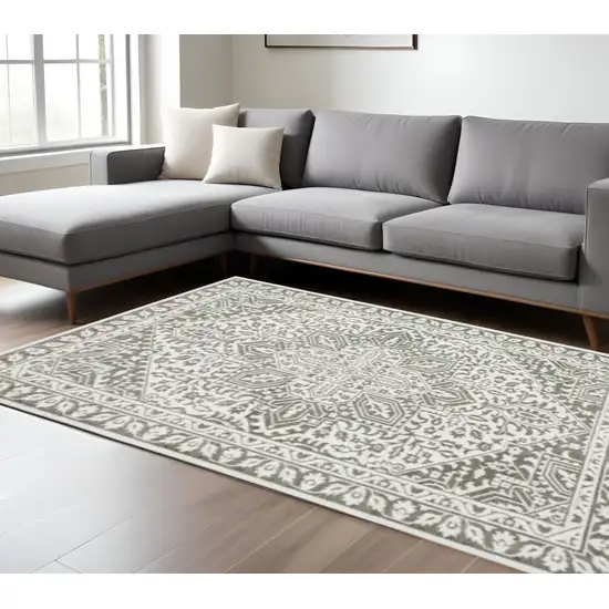 Grey And White Oriental Power Loom Stain Resistant Area Rug Photo 1