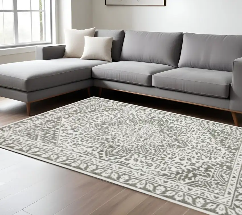 Grey And White Oriental Power Loom Stain Resistant Area Rug Photo 1