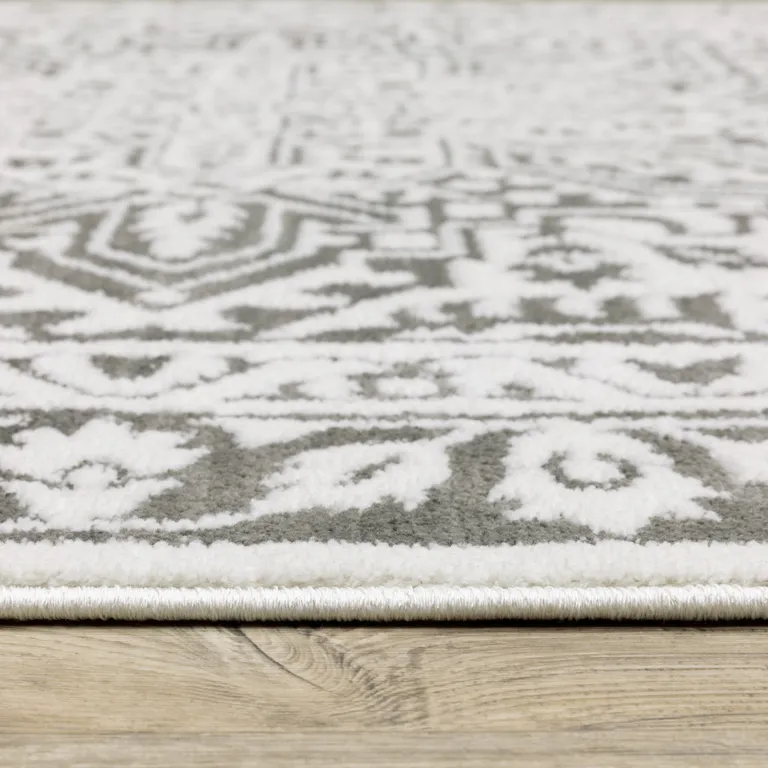 Grey And White Oriental Power Loom Stain Resistant Runner Rug Photo 2
