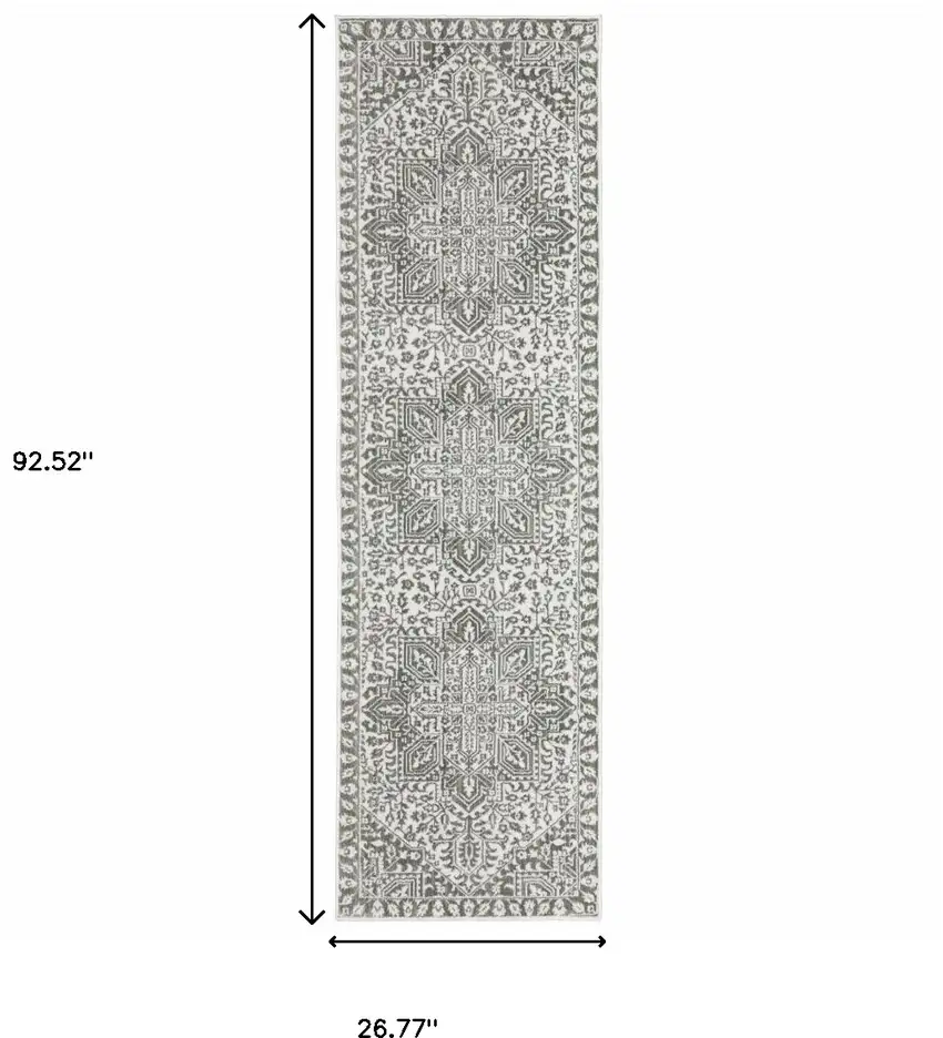 2' X 8' Grey And White Oriental Power Loom Stain Resistant Runner Rug Photo 3