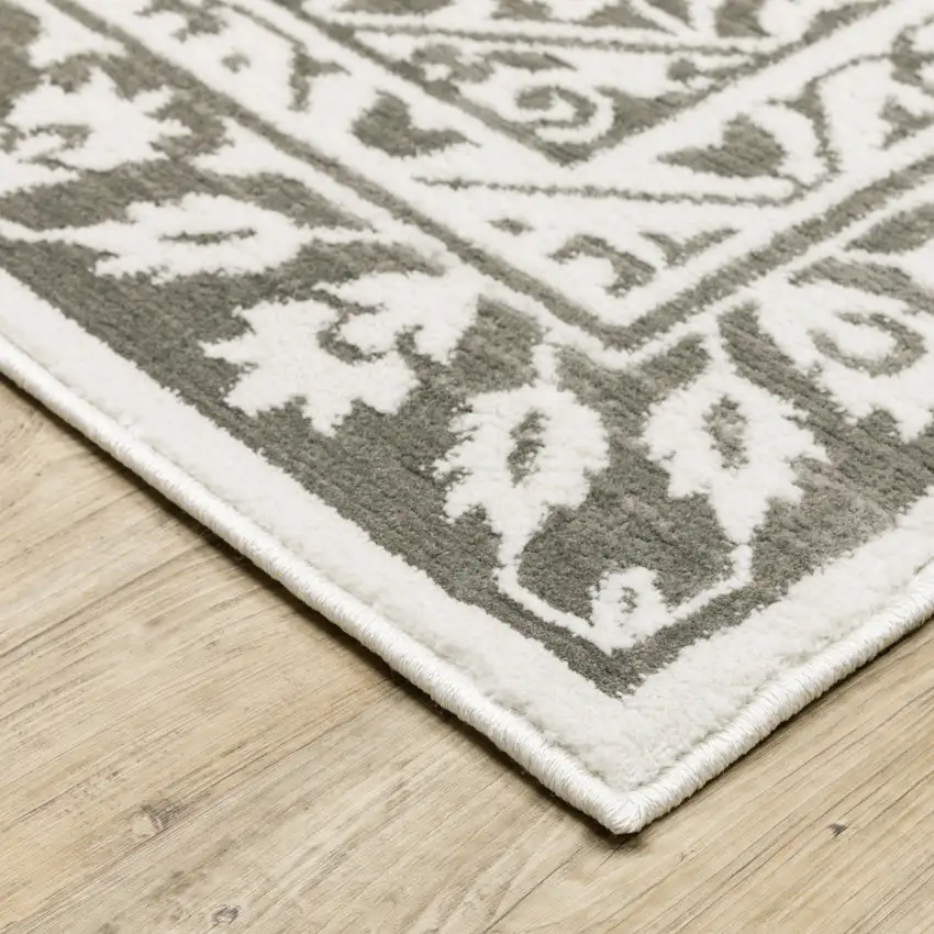 2' X 8' Grey And White Oriental Power Loom Stain Resistant Runner Rug Photo 6
