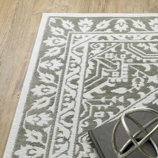 2' X 8' Grey And White Oriental Power Loom Stain Resistant Runner Rug Photo 7