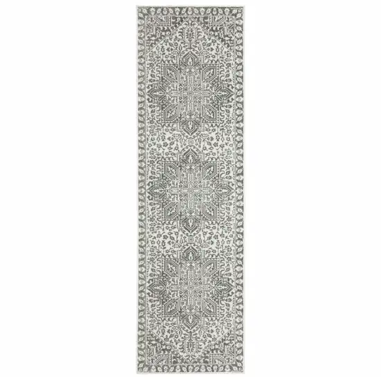 2' X 8' Grey And White Oriental Power Loom Stain Resistant Runner Rug Photo 2