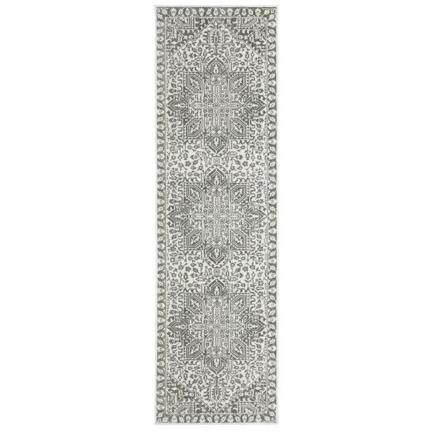 Grey And White Oriental Power Loom Stain Resistant Runner Rug Photo 2