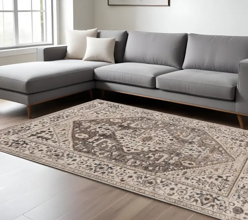 Ivory Gray And Brown Floral Medallion Area Rug Photo 1