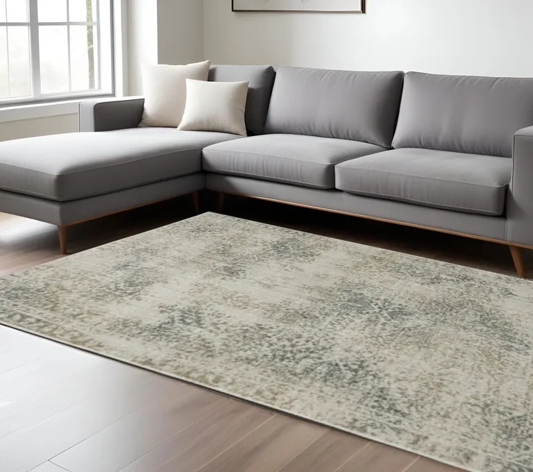 Grey Beige And Teal Oriental Power Loom Stain Resistant Area Rug Photo 2