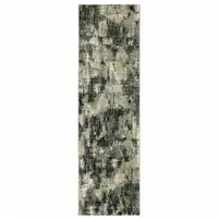 Photo of Grey Beige Charcoal And Blue Abstract Power Loom Stain Resistant Runner Rug