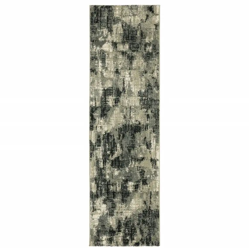 Grey Beige Charcoal And Blue Abstract Power Loom Stain Resistant Runner Rug Photo 1