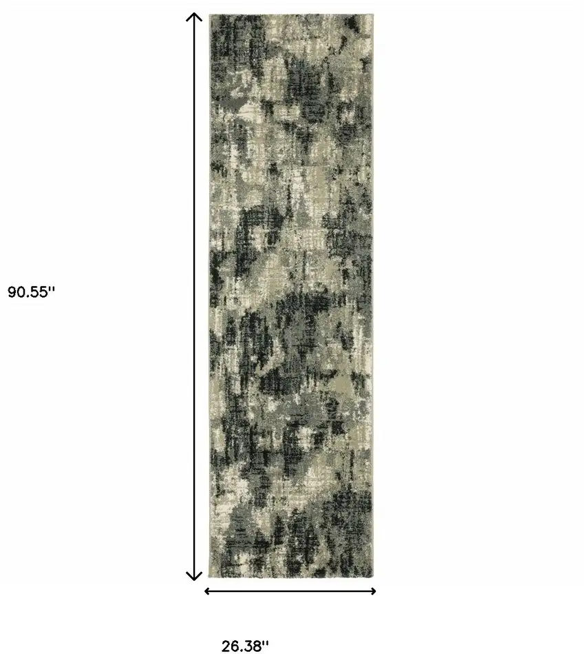 Grey Beige Charcoal And Blue Abstract Power Loom Stain Resistant Runner Rug Photo 10