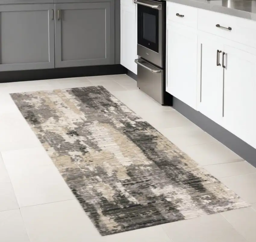 2' X 8' Grey Beige Charcoal Brown Tan And Ivory Abstract Power Loom Stain Resistant Runner Rug Photo 2