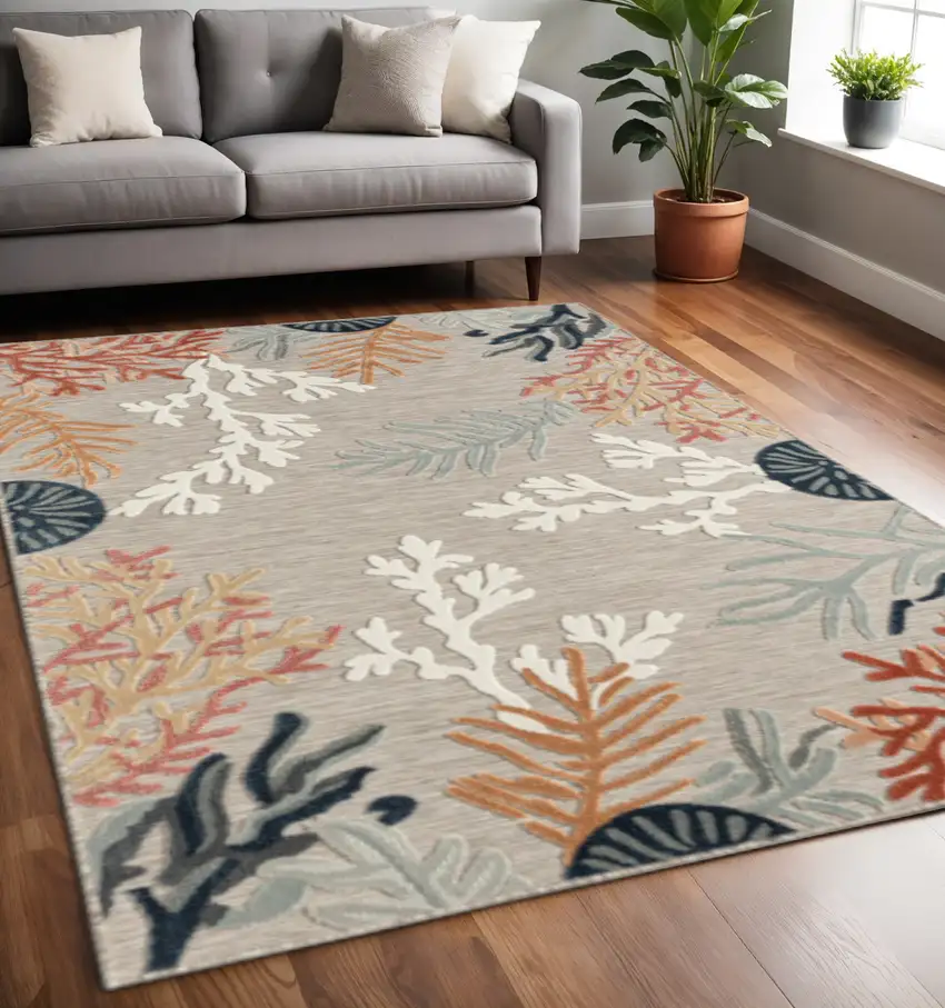 Grey Beige Orange Blue And White Coastal Coral Indoor Outdoor Area Rug Photo 2
