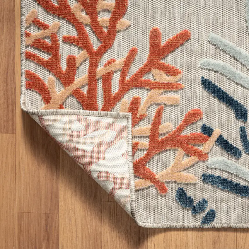 Grey Beige Orange Blue And White Coastal Coral Indoor Outdoor Area Rug Photo 4
