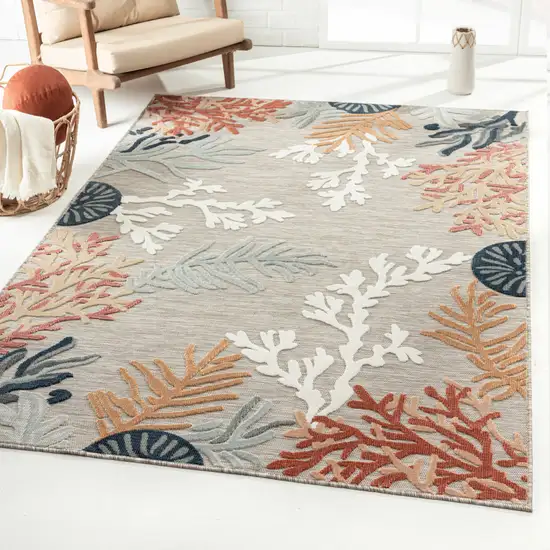 Grey Beige Orange Blue And White Coastal Coral Indoor Outdoor Area Rug Photo 8