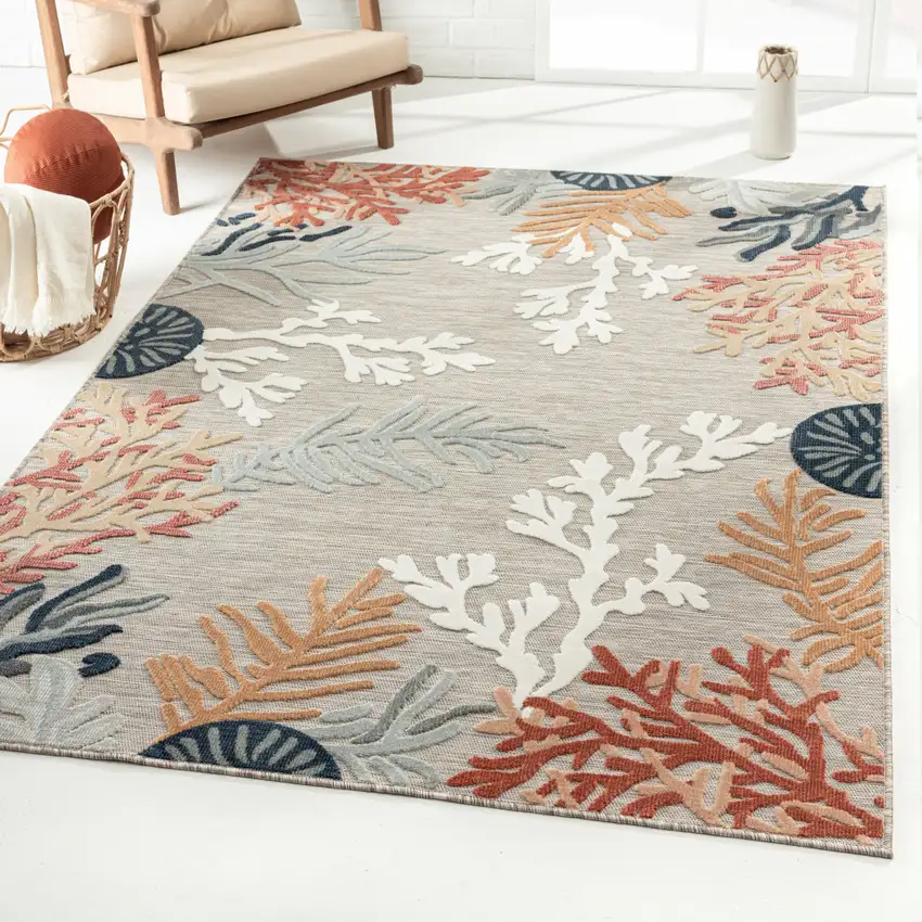 Grey Beige Orange Blue And White Coastal Coral Indoor Outdoor Area Rug Photo 8