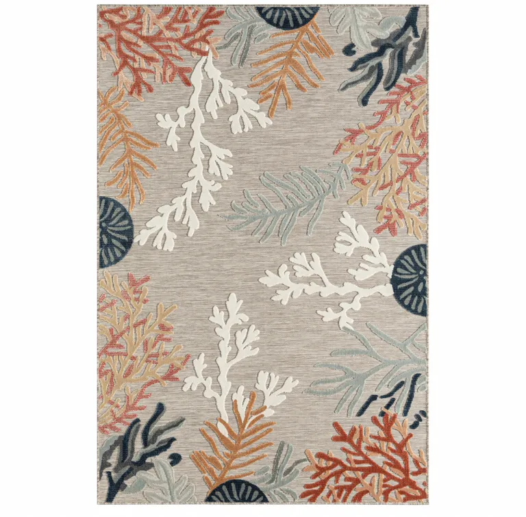 Grey Beige Orange Blue And White Coastal Coral Indoor Outdoor Area Rug Photo 1