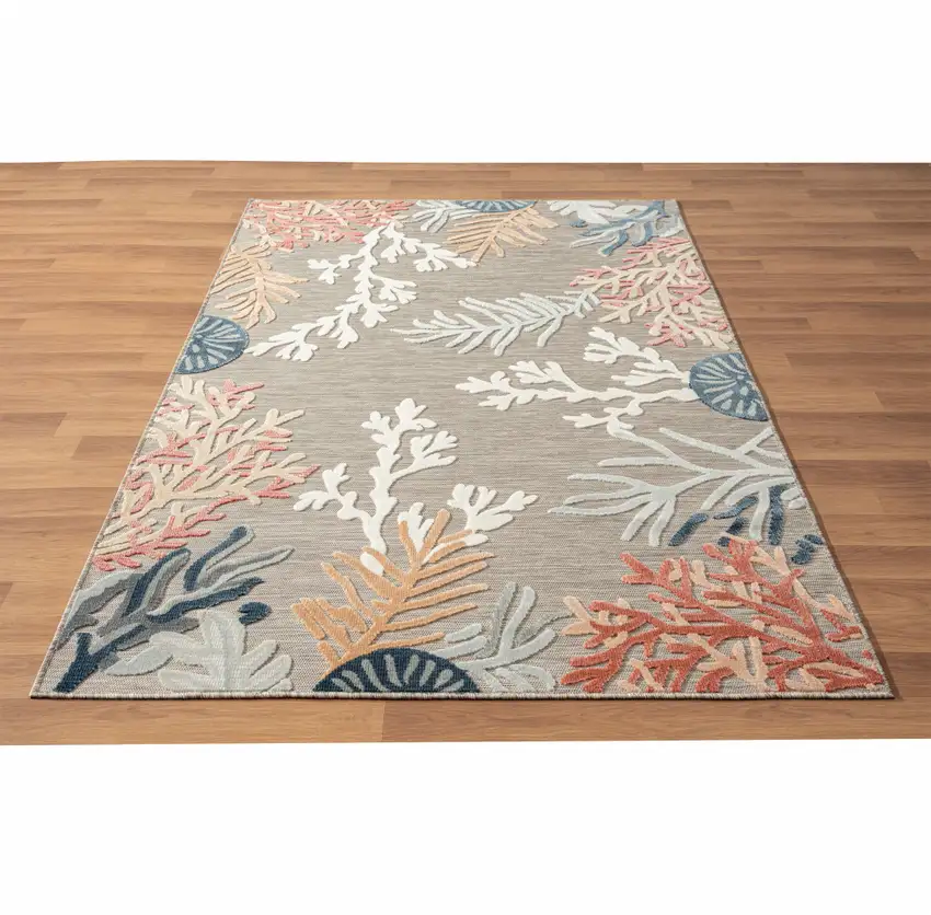 Grey Beige Orange Blue And White Coastal Coral Indoor Outdoor Area Rug Photo 7