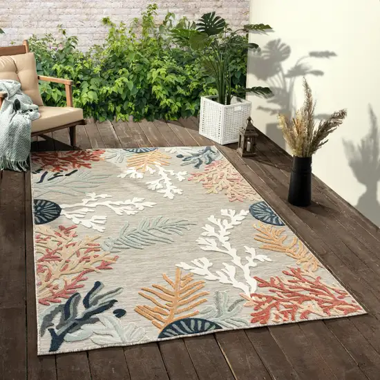 Grey Beige Orange Blue And White Coastal Coral Indoor Outdoor Area Rug Photo 9