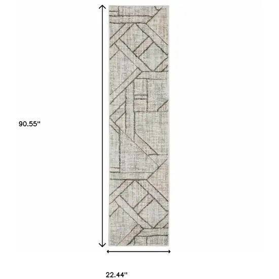 2' X 8' Grey Beige Sage Brown Tan Charcoal And Pale Blue Geometric Power Loom Stain Resistant Runner Rug Photo 3