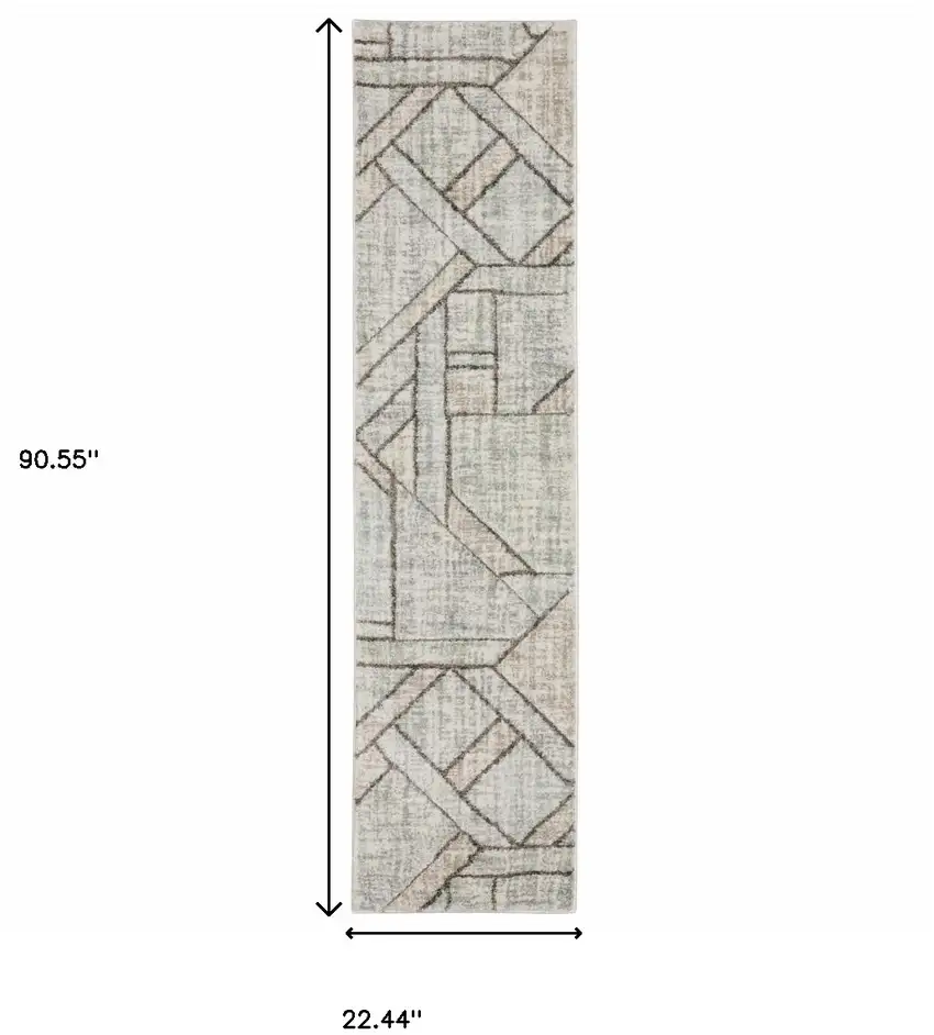 2' X 8' Grey Beige Sage Brown Tan Charcoal And Pale Blue Geometric Power Loom Stain Resistant Runner Rug Photo 3