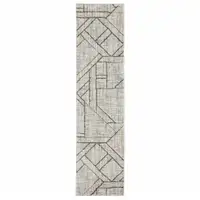 Photo of Grey Beige Sage Brown Tan Charcoal And Pale Blue Geometric Power Loom Stain Resistant Runner Rug