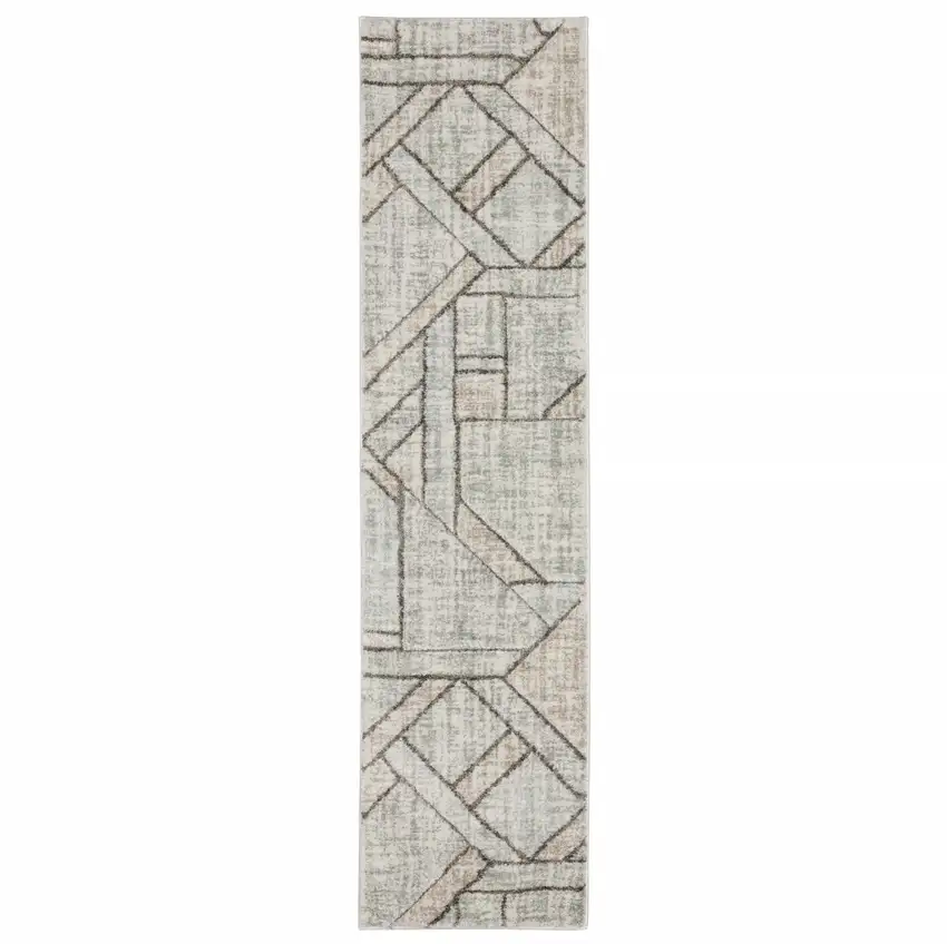 Grey Beige Sage Brown Tan Charcoal And Pale Blue Geometric Power Loom Stain Resistant Runner Rug Photo 1