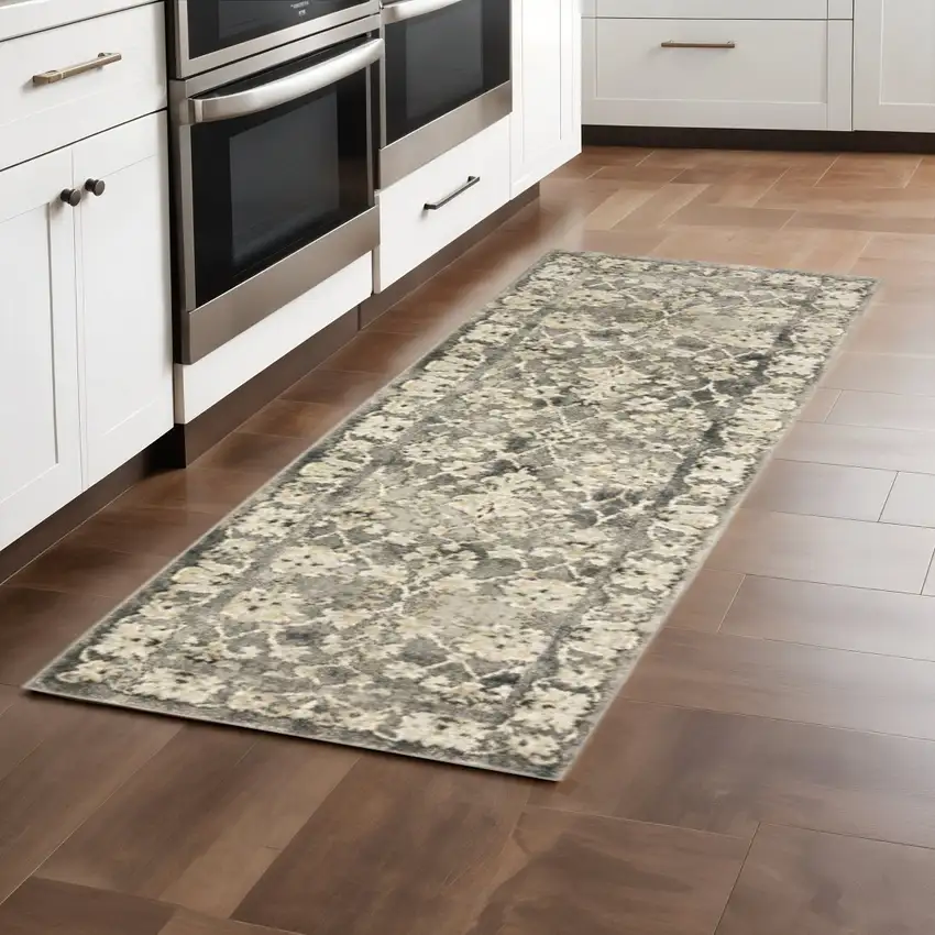 2' X 8' Grey Beige Tan And Brown Oriental Power Loom Stain Resistant Runner Rug Photo 1