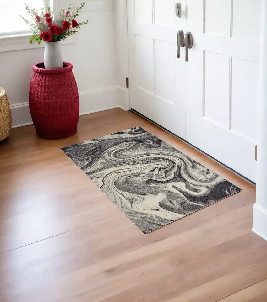 3'X5' Grey Black Machine Woven Marble Indoor Area Rug Photo 1