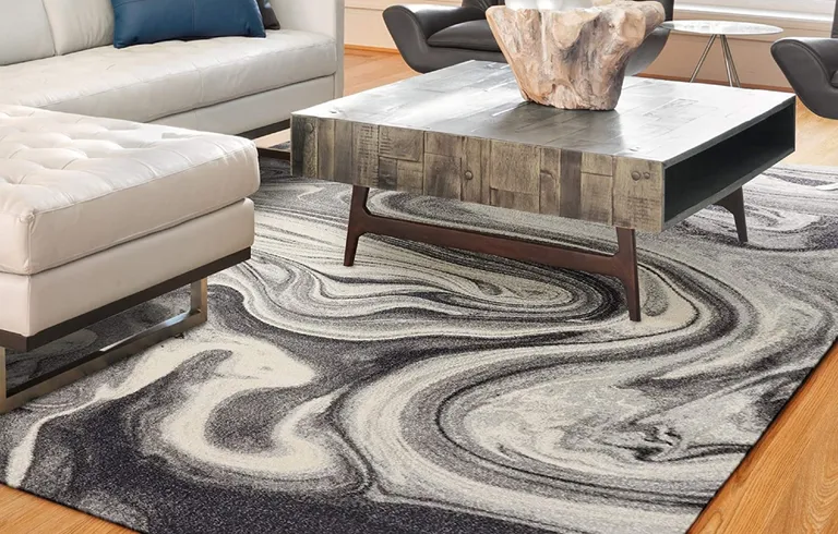 Grey Black Machine Woven Marble Indoor Area Rug Photo 4