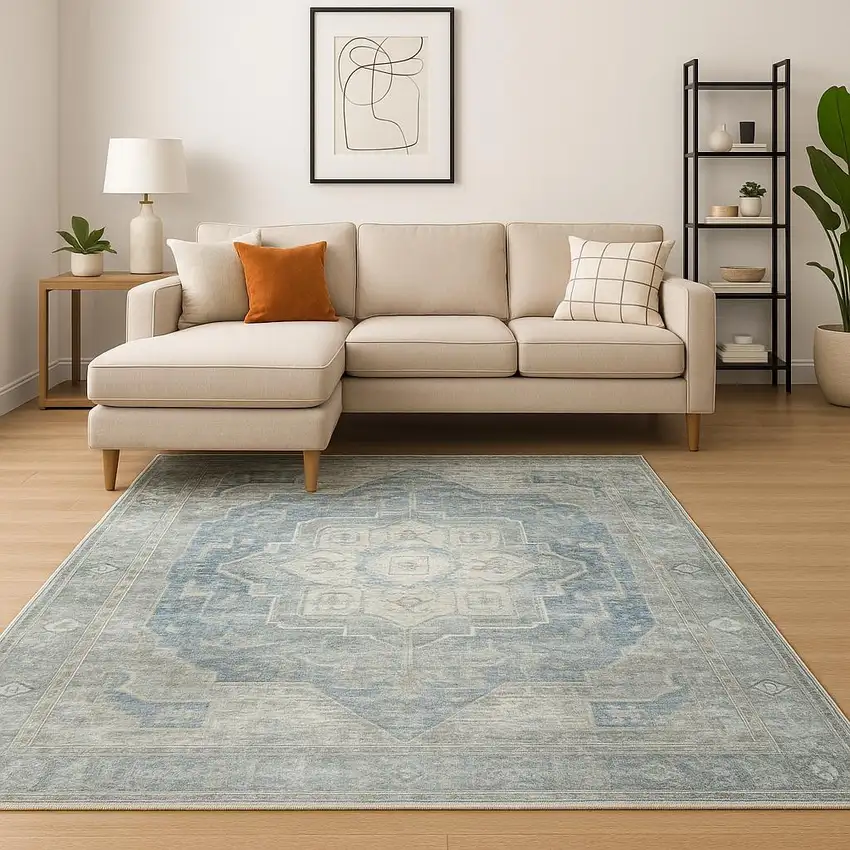 Grey Blue And Ivory Oriental Power Loom Stain Resistant Area Rug Photo 1