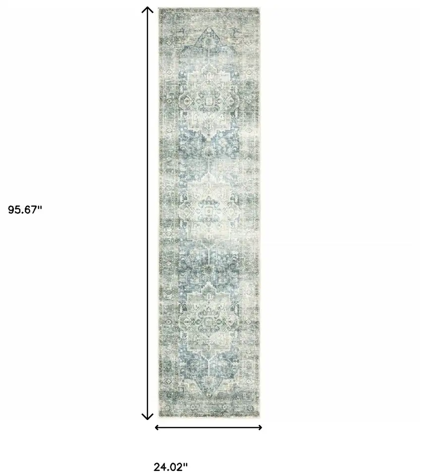 Grey Blue And Ivory Oriental Power Loom Stain Resistant Runner Rug Photo 10