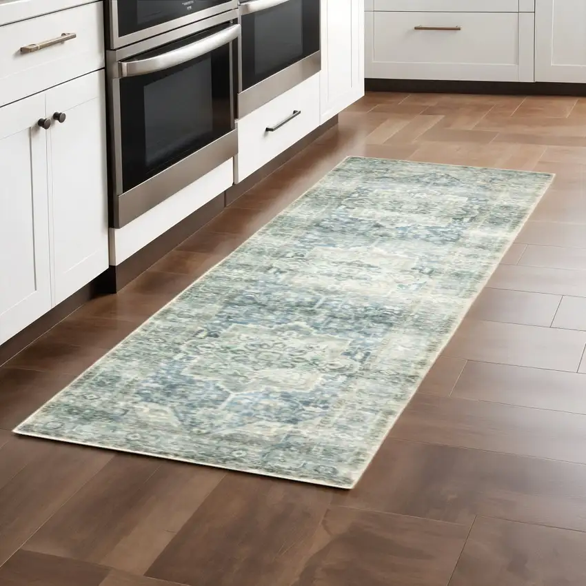 2' X 8' Grey Blue And Ivory Oriental Power Loom Stain Resistant Runner Rug Photo 1