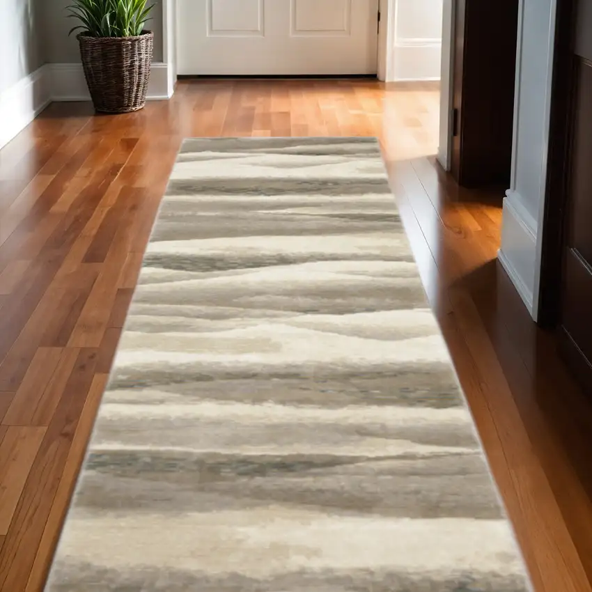 12' Gray Blue And Teal Abstract Runner Rug Photo 1