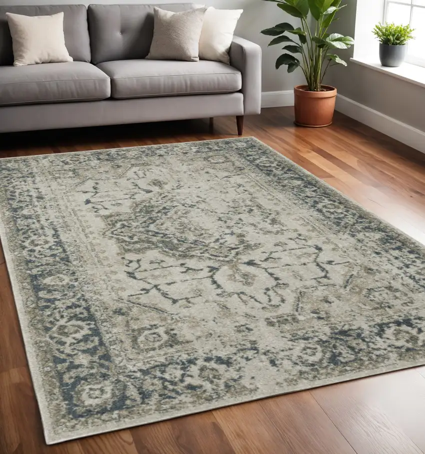 Beige And Blue Oriental Distressed Area Rug Photo 1