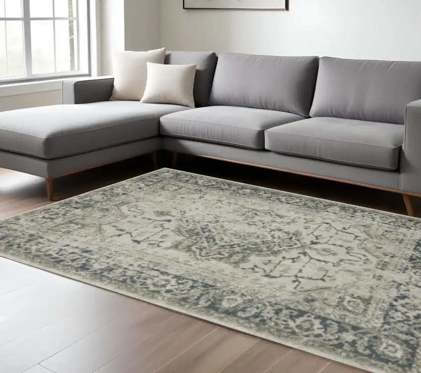 Blue and Gray Oriental Power Loom Area Rug Photo 1