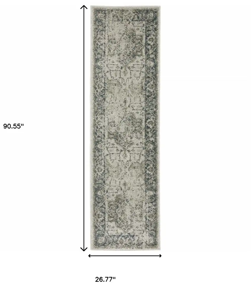 Grey Blue And Teal Oriental Power Loom Stain Resistant Runner Rug Photo 10
