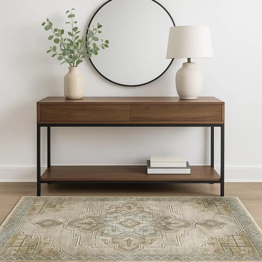 Grey Blue Beige And Gold Oriental Power Loom Stain Resistant Area Rug Photo 1