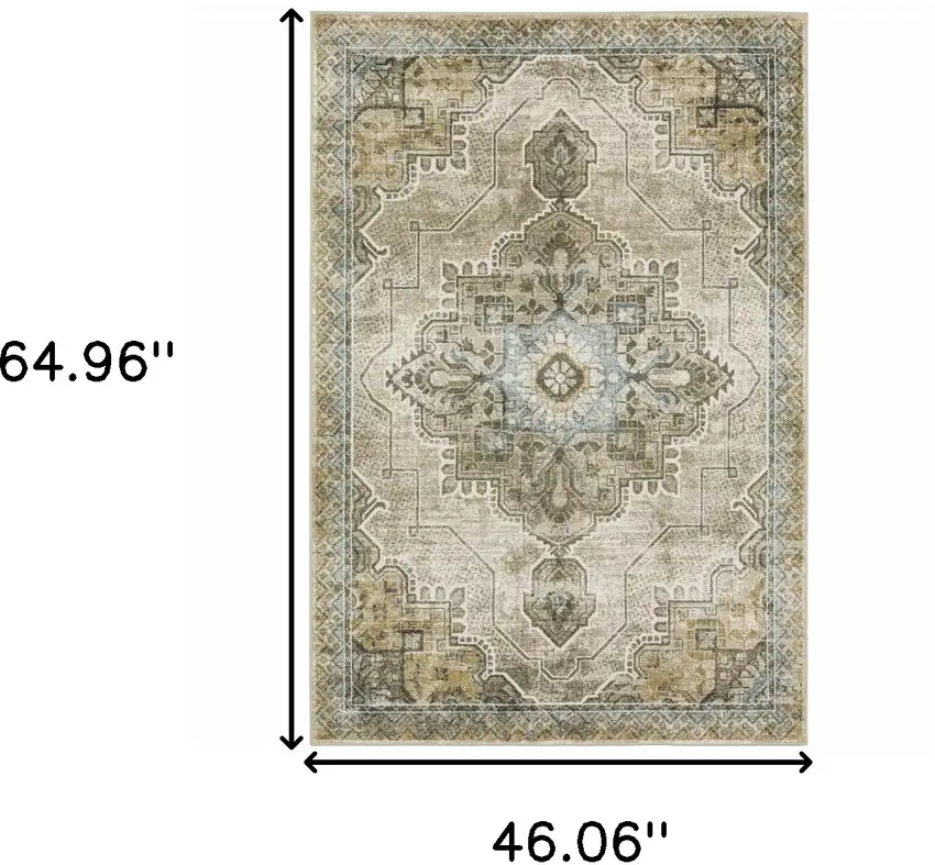 Grey Blue Beige And Gold Oriental Power Loom Stain Resistant Area Rug Photo 10