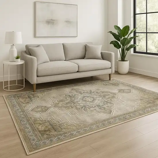 Grey Blue Beige And Gold Oriental Power Loom Stain Resistant Area Rug Photo 1