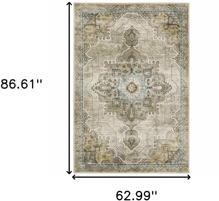 Grey Blue Beige And Gold Oriental Power Loom Stain Resistant Area Rug Photo 10