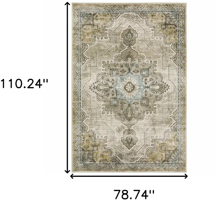 Grey Blue Beige And Gold Oriental Power Loom Stain Resistant Area Rug Photo 10