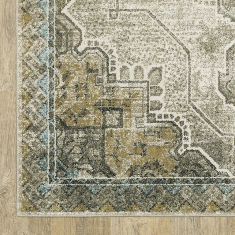 Grey Blue Beige And Gold Oriental Power Loom Stain Resistant Area Rug Photo 4