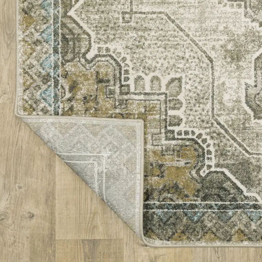 Grey Blue Beige And Gold Oriental Power Loom Stain Resistant Area Rug Photo 7