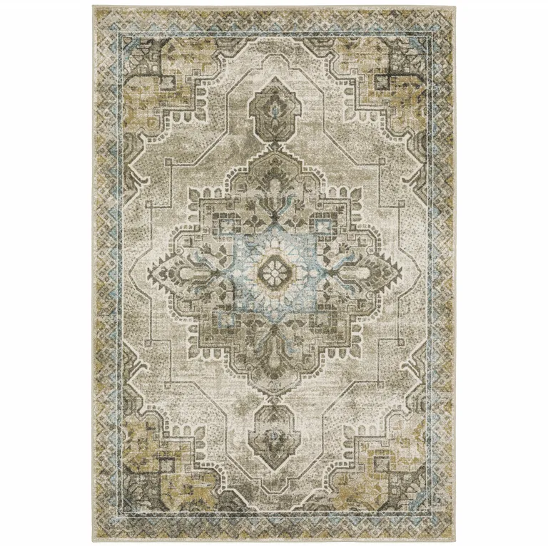 Grey Blue Beige And Gold Oriental Power Loom Stain Resistant Area Rug Photo 2