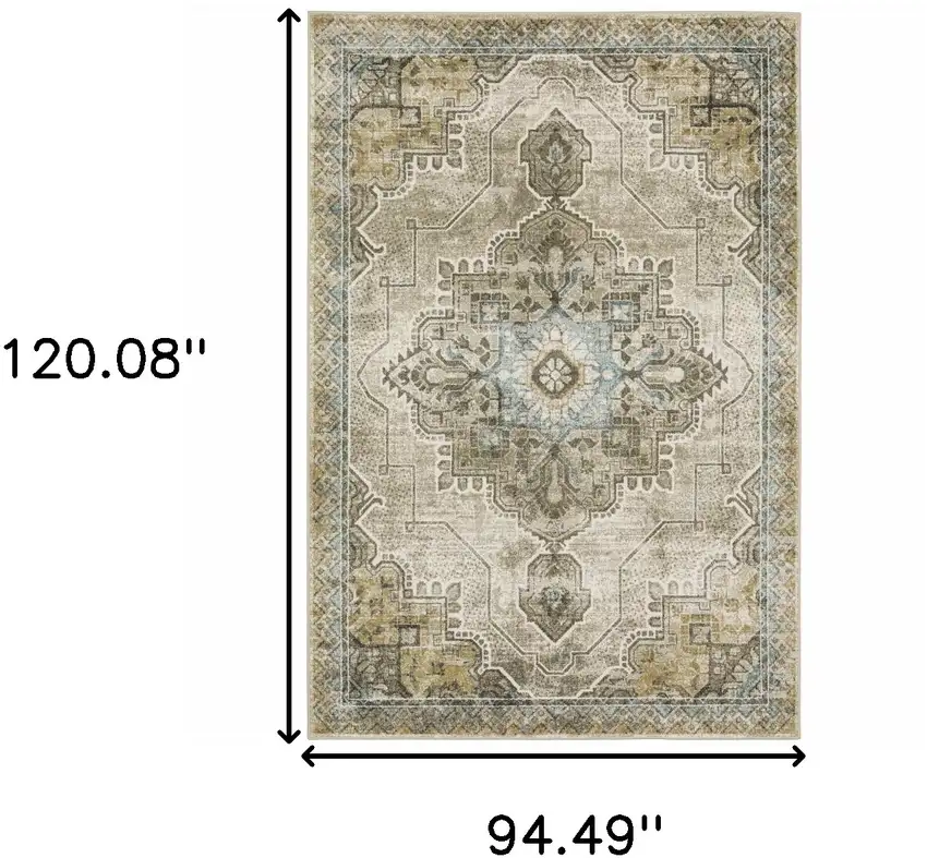 Grey Blue Beige And Gold Oriental Power Loom Stain Resistant Area Rug Photo 10