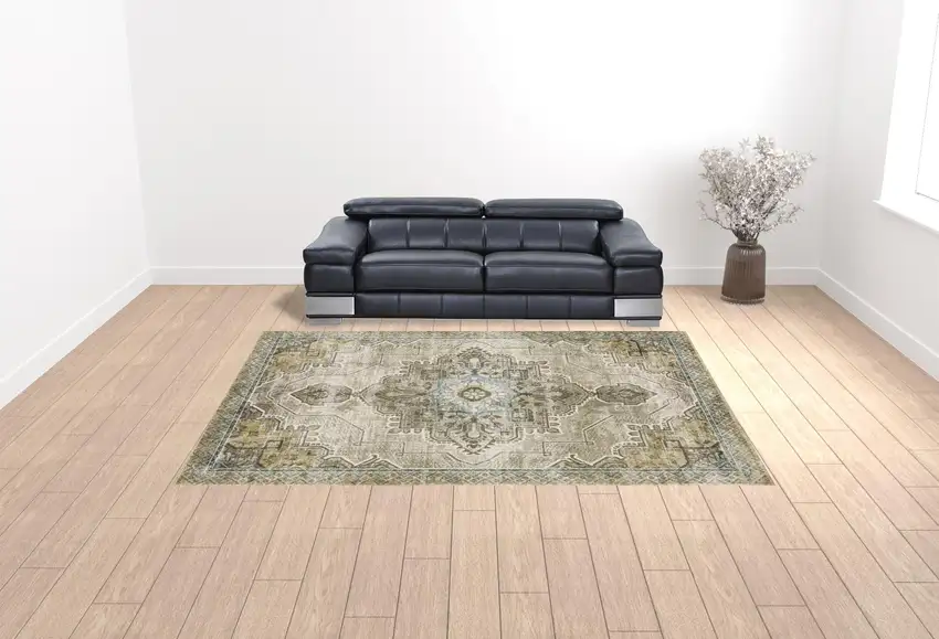 Grey Blue Beige And Gold Oriental Power Loom Stain Resistant Area Rug Photo 3