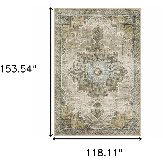 Grey Blue Beige And Gold Oriental Power Loom Stain Resistant Area Rug Photo 3