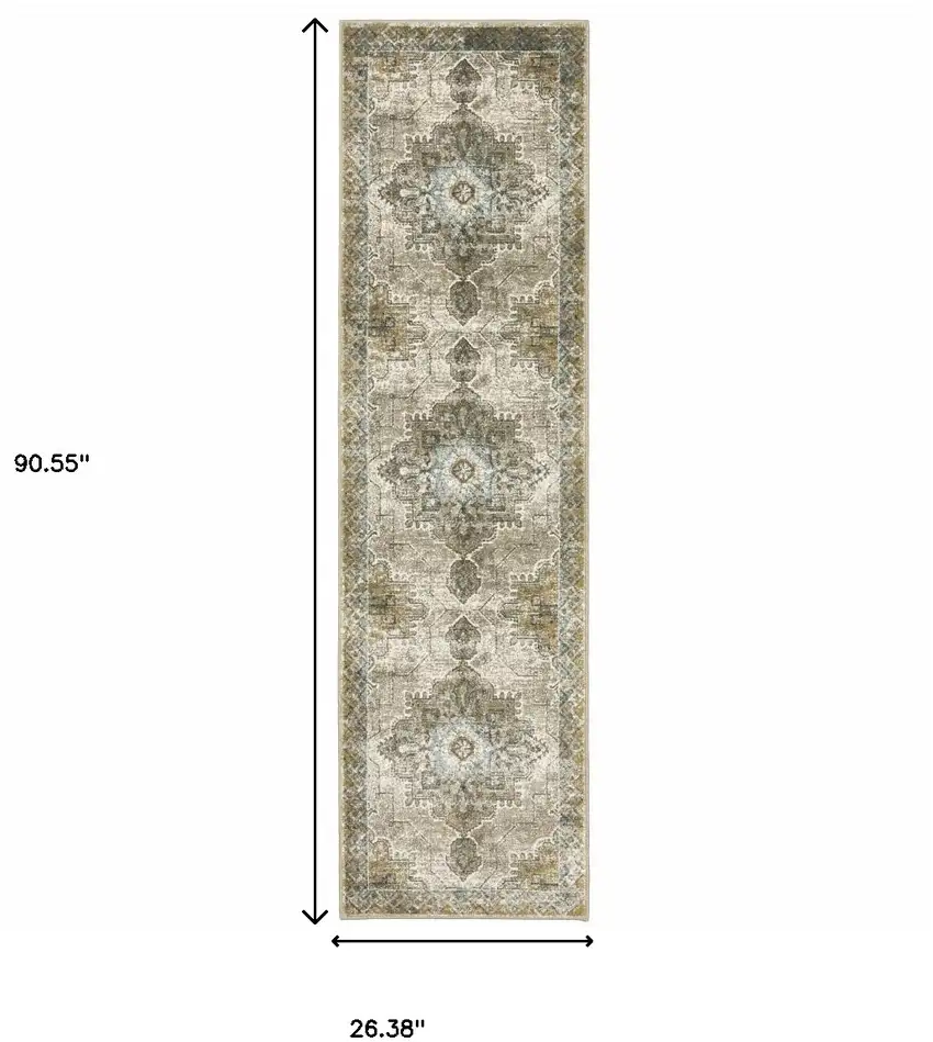 Grey Blue Beige And Gold Oriental Power Loom Stain Resistant Runner Rug Photo 10