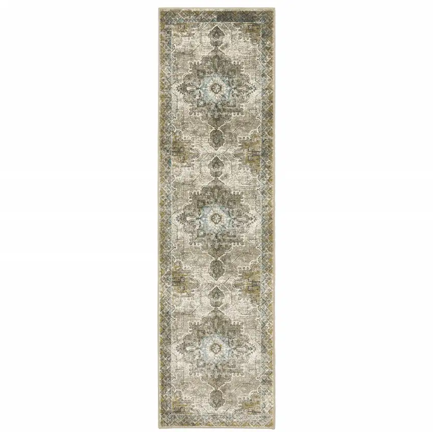 Grey Blue Beige And Gold Oriental Power Loom Stain Resistant Runner Rug Photo 1