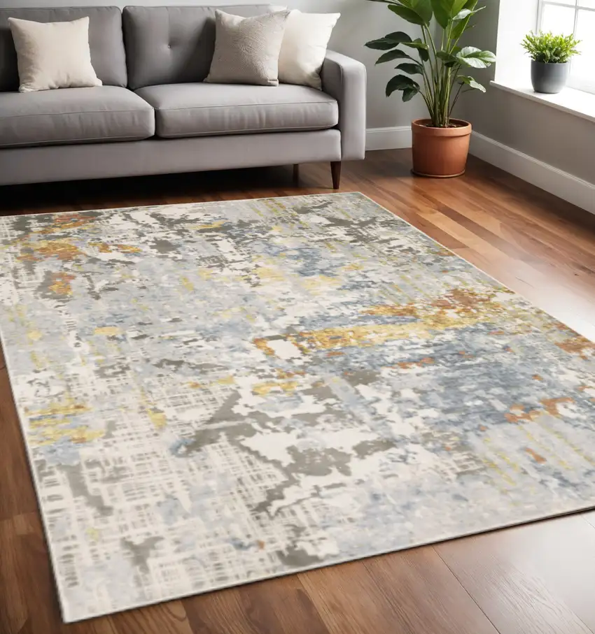 Grey Blue Beige Gold And Rust Abstract Power Loom Stain Resistant Area Rug Photo 1