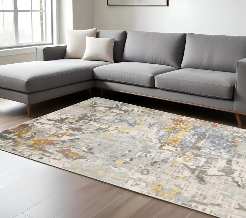 Grey Blue Beige Gold And Rust Abstract Power Loom Stain Resistant Area Rug Photo 1